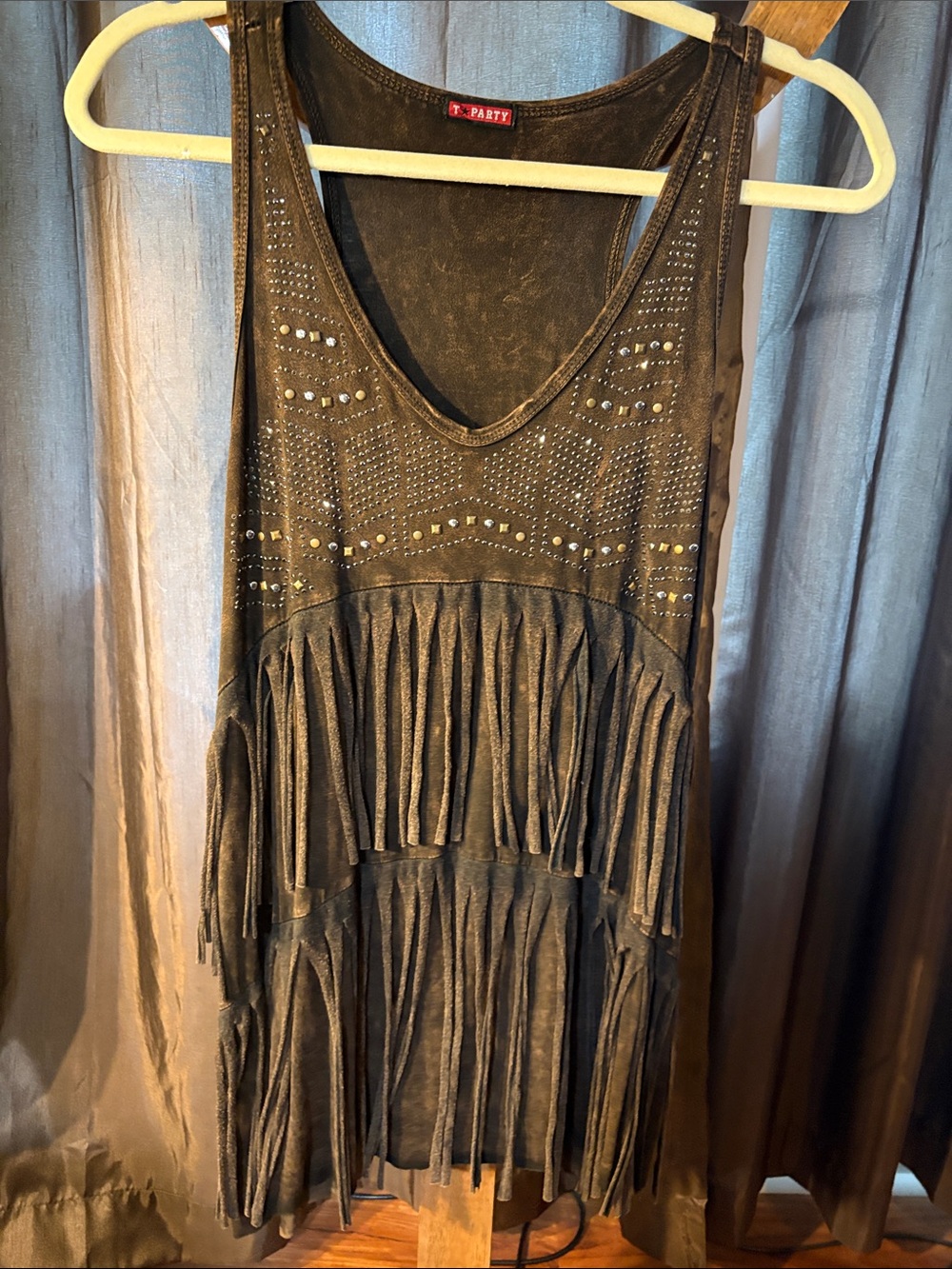 T Party Brown Fringe Studded Tank top XL  sparkly